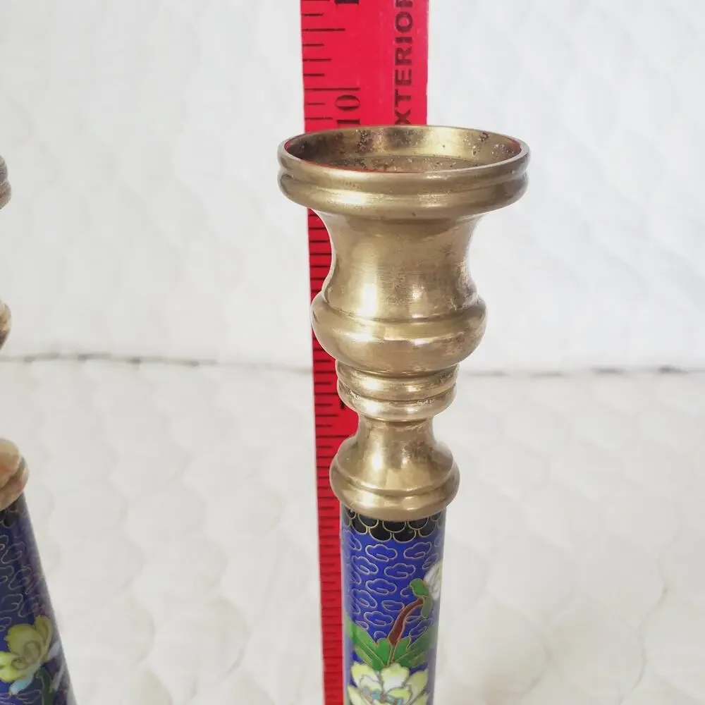 Vintage Pier 1 Brass 10” Pair X 2 Candlestick Cloisonne Enamel Floral Inlay Rare